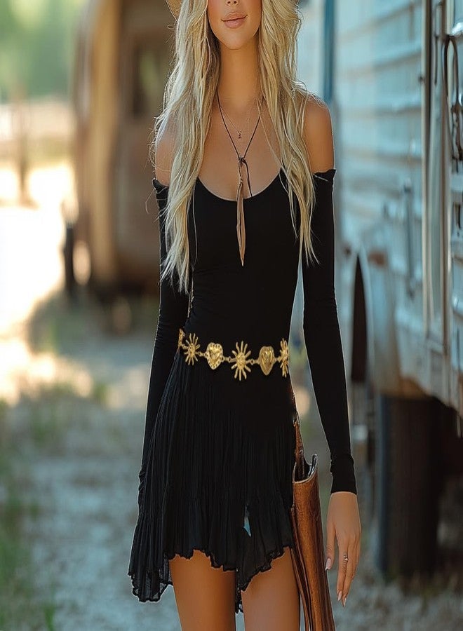 QFSH Vintage Women Tassel Sun and Heart Metal Waist Chain Multilayer Gold Silver Waist Belts Body Chains for Dress Jeans (Gold) - Image 4